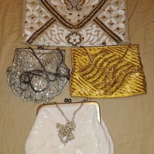 4 Elegant Gold, Silver, Cream, and Gold and White Embellished Clutches